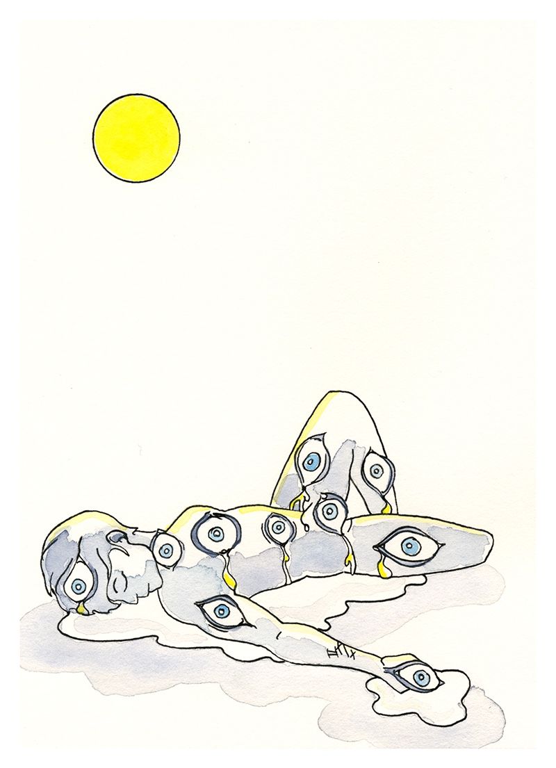 Watercolor painting of a person laying in the sun, covered in 10 extra, enlarged eyes, all crying a puddle of tears underneath their body.